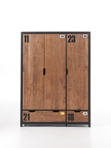 Dulap Copii ALEX cu 3 Uși, Pin Masiv, Rafturi și Sertare, Design Industrial – Vipack - Img 2
