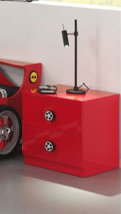 Noptieră pentru copii Monza roșie din MDF cu 2 sertare soft-close și mânere în formă de roți – Vipack - Img 1