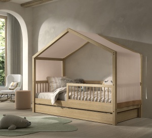 Pat Casă Forrest Beech 90x200 cm, pentru Camera Copii, din Lemn de Fag, cu Sertar, Protecție Suplimentară și Set Textil – Vipack - Img 1