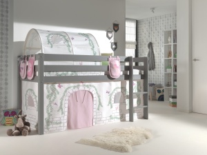 Pat copii supraînălțat Vanessa cu tobogan, husă Castel Birdy, tunel și 3 buzunare textile pentru copii – Vipack [Dimensiuni: 208x98x114 cm] - Img 2