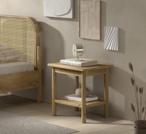 Pat dublu OLIVE, 180 x 200 cm, cu tăblie rotunjită din rattan și aspect lemn de stejar, design modern, fără somieră inclusă, cu noptieră cu două rafturi deschise – Vipack - Img 7