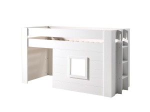 Pat median pentru copii NOAH, alb, 90 x 200 cm, MDF lăcuit, spațiu multifuncțional sub pat, scară și fereastră montabile pe stânga sau dreapta – Vipack - Img 2