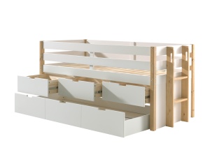 Pat pentru copii MARGRIT, 90 x 200 cm, alb cu tonuri naturale, cu 3 sertare și pat trundle pentru dormit sau depozitare – Vipack - Img 5