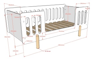 Pat pentru copii mici SMILE, 70 x 140 cm, alb, cu balustradă de protecție și picioare rotunjite din lemn natural – Vipack - Img 3