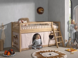 Pat Semi-Înălțat Forrest Oak pentru Camera Copii, 90x200 cm, cu Set Textil Inclus, din Lemn Masiv de Stejar, Natur – Vipack - Img 9