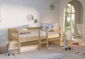 Pat Semi-Înălțat (Mid Sleeper) Forrest Oak 90x200 cm, pentru Camera Copii, din Lemn de Stejar, Natur, cu Scară și 2 Sertare – Vipack - Img 6