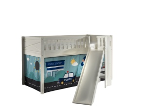 Pat semi-supraetajat pentru copii SCOTT, 90 x 200 cm, alb, din pin scandinav masiv, cu tobogan și perdea de joacă POLICE – Vipack - Img 2