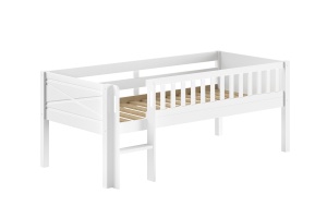 Pat semi-supraetajat pentru copii SCOTT, alb, 90 x 200 cm, din pin scandinav masiv, cu scară, opțional cu sertare pentru depozitare – Vipack - Img 2