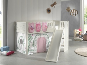 Pat semi-supraetajat pentru copii SCOTT, alb, 90 x 200 cm, din pin scandinav masiv, 3 buzunare, tobogan și perdea de joacă BIRDY, opțional cu sertare pentru depozitare – Vipack - Img 1