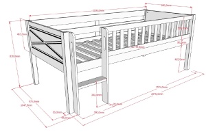 Pat semi-supraetajat pentru copii SCOTT, alb, 90 x 200 cm, din pin scandinav masiv, cu scară, opțional cu sertare pentru depozitare – Vipack - Img 3