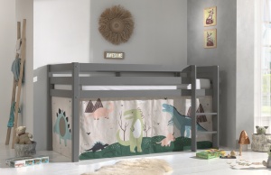 Pat supraetajat PINO, gri, cu perdea de joacă DINO – Vipack - Img 1