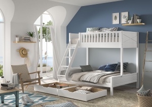 Pat suprapus familie pentru copii SCOTT, alb, 140 x 200 cm + 90 x 200 cm, din pin scandinav masiv, cu 2 sertare pentru depozitare – Vipack - Img 6