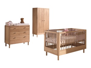 Set Complet Mobilier Cameră Bebelus Forrest Oak, din Lemn Masiv de Stejar, Natur: Pătuț Convertibil (70x140 cm), Comodă cu 3 Sertare și Dulap cu 2 Uși – Vipack - Img 9