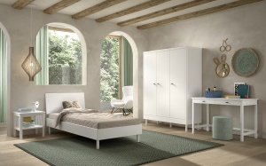 Set Complet Mobilier Camera Copii Forrest Beech, Pat 90x200 cm, Dulap, Noptieră și Birou, din Lemn de Fag Lăcuit Alb – Vipack - Img 1