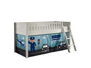 Set complet pat semi-supraetajat SCOTT pentru copii, alb, 90 x 200 cm, din pin scandinav masiv, cu scară, sertare opționale pentru depozitare, 3 buzunare și perdea de joacă POLICE – Vipack - Img 2