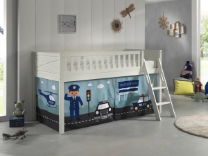 Set complet pat semi-supraetajat SCOTT pentru copii, alb, 90 x 200 cm, din pin scandinav masiv, cu scară, sertare opționale pentru depozitare, 3 buzunare și perdea de joacă POLICE – Vipack - Img 1
