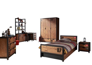 Set Mobilier Cameră Copii ALEX, 7 Piese, Pat 90x200 cm, Pin Masiv cu Detalii Metalice Negre – Vipack - Img 2