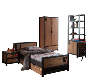 Set Mobilier Cameră Copii ALEX, format din 5 Piese, Pat 90x200 cm, Pin Masiv și Metal Negru – Vipack - Img 2