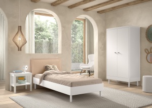 Set Mobilier Camera Copii Forrest Beech, Pat 90x200 cm, Dulap cu 2 Uși și Noptieră, din Lemn Masiv de Fag, Alb – Vipack - Img 1