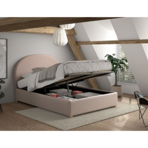 Set MOON: pat tapițat 90 x 200 cm roz cu țesătură bouclé și spațiu de depozitare + 2 tabureti roz multifuncționali – Vipack