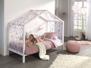 Set Pat Căsuță pentru copii, cu Perdea Fluturi, Alb, 90 x 200 cm, Pin Masiv – Dallas – Vipack
