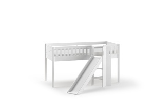 Set pat pentru copii SCOTT, alb, 90 x 200 cm, din pin scandinav și MDF, cu scară frontală, perdea de joacă BIRDY, tunel și buzunare de depozitare – Vipack - Img 5