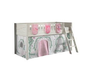 Set pat semi-supraetajat SCOTT pentru copii, alb, 90 x 200 cm, din pin scandinav masiv, cu scară, sertare + 3 buzunare opționale pentru depozitare și perdea de joacă BIRDY – Vipack - Img 2