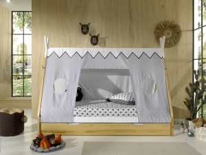 Set TIPI este format din Pat copii înalt fără gard (90 x 200 cm), un sertar în culoare culoare lemn natural și un set de textile asortate. - Img 2