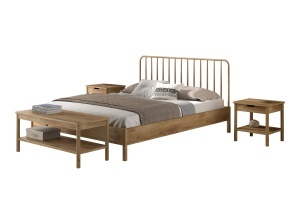 This OLIVE combination consists of a double bed (160 x 200 cm) with a slatted headboard, two bedside tables with drawer and a bench.