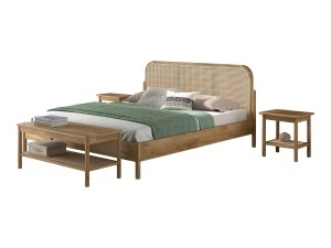 This OLIVE combination consists of a double bed (180 x 200 cm) with a rattan headboard, two bedside tables with rattan and a bench.