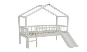 Pat Casă Înălțat Forrest Beech 90x200 cm, pentru Camera Copii, din Lemn de Fag Lăcuit Alb, cu Tobogan și Set Textil – Vipack - Img 3