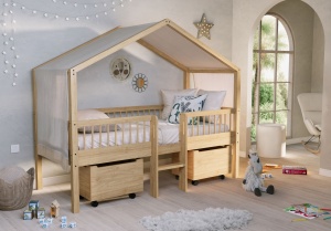 Pat Casă Înălțat Forrest Oak 90x200 cm, pentru Camera Copii, din Lemn de Stejar, Natur, cu Scară, Sertare și Set Textil – Vipack - Img 1