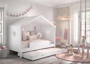 Pat Căsuță AMORI pentru Copii, 90x200 cm, Alb, cu Sertar și Protecție – Vipack - Img 1