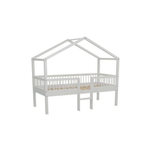 Pat Căsuță Elevat Forrest Beech pentru Camera Copii, 90x200 cm, cu Scară și Spațiu de Depozitare, din Lemn Masiv de Fag, Alb – Vipack - Img 2