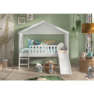 Pat Căsuță Housebed 90x200 cm cu Tobogan, pentru Copii, Alb – Vipack