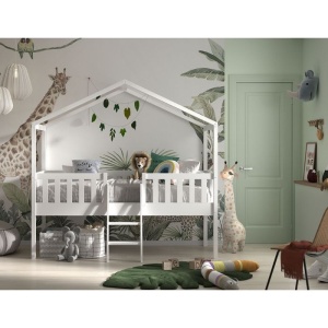 Pat Căsuță Supraetajat cu Scară, Alb, 90 x 200 cm, Pin Scandinavian – Dallas – Vipack
