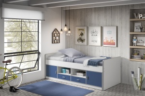 Pat cu Depozitare Integrată, Albastru și Alb (PAL și MDF) Bonny – Vipack - Img 1