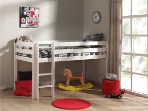 Pat înălțat pentru copii VIPACK Pino cu scară, 90 x 200 cm, alb, înălțime 115 cm - Img 1