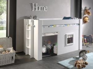 Pat median pentru copii NOAH, alb, 90 x 200 cm, din MDF lăcuit, cu scară și fereastră reversibilă, spațiu multifuncțional dedesubt și perdele asortate – Vipack