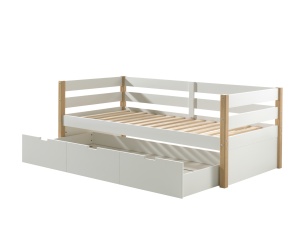 Pat pentru copii MARGRIT, 90 x 200 cm, alb cu tonuri naturale, cu pat trundle pentru dormit sau depozitare – Vipack - Img 4
