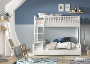 Pat pentru copii SCOTT, alb, 140 x 200 cm + 90 x 200 cm, din pin scandinav și MDF, cu somiere incluse și sertar mare pentru loc de dormit suplimentar – Vipack - Img 2