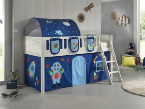 Pat ridicat pentru copii SCOTT, alb, 90 x 200 cm, din pin scandinav și MDF, cu scară frontală, perdea de joacă ASTRO, tunel și 3 saci de depozitare – Vipack - Img 1
