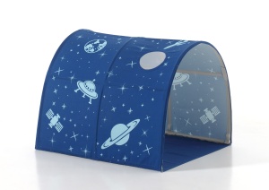 Pat ridicat pentru copii SCOTT, alb, 90 x 200 cm, din pin scandinav și MDF, cu scară frontală, perdea de joacă ASTRO, tunel și 3 saci de depozitare – Vipack - Img 7