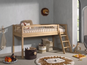 Pat Semi-Înălțat Forrest Oak pentru Camera Copii, 90x200 cm, cu Set Textil Inclus, din Lemn Masiv de Stejar, Natur – Vipack - Img 10