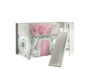 Pat semi-supraetajat pentru copii SCOTT, alb, 90 x 200 cm, din pin scandinav masiv, 3 buzunare, tobogan și perdea de joacă BIRDY, opțional cu sertare pentru depozitare – Vipack - Img 2