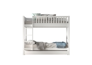 Pat supraetajat pentru copii SCOTT, alb, 90 x 200 cm, din pin scandinav și MDF, cu somiere incluse și sertar mare pentru loc de dormit suplimentar – Vipack - Img 2