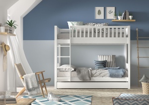 Pat supraetajat pentru copii SCOTT, alb, 90 x 200 cm, din pin scandinav și MDF, cu somiere incluse și sertar mare pentru loc de dormit suplimentar – Vipack - Img 3