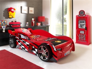 Set Cameră Auto pentru Copii: Pat Mașină de Curse NIGHT SPEEDER și Dulap Benzinărie, 2 Piese, Roșu (MDF) – Vipack - Img 1
