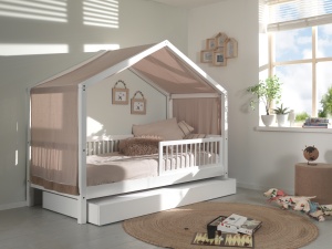 Set Complet: Pat Căsuță Forrest Beech pentru Camera Copii, 90x200 cm, cu Sertar Pat, Barieră de Siguranță Suplimentară și Set Textil, din Lemn Masiv de Fag, Alb – Vipack - Img 1