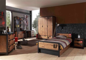 Set Mobilier Cameră Copii ALEX, 7 Piese, Pat 90x200 cm, Pin Masiv cu Detalii Metalice Negre – Vipack - Img 1